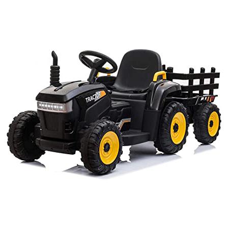 12v Battery-Powered Tractor with Trailer, Black