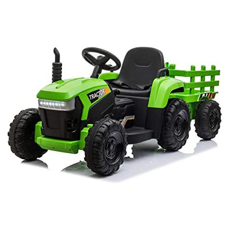 12v Battery-Powered Tractor with Trailer, Green