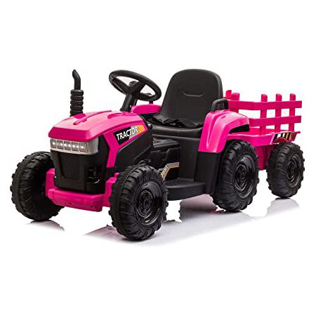 12v Battery-Powered Tractor with Trailer, Rose Red