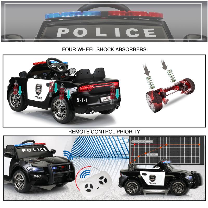 Tobbi 12V Black Kids Ride On Police Car W/ RC for 3-8 Years Old 12v remote control kids electric police carblack 30