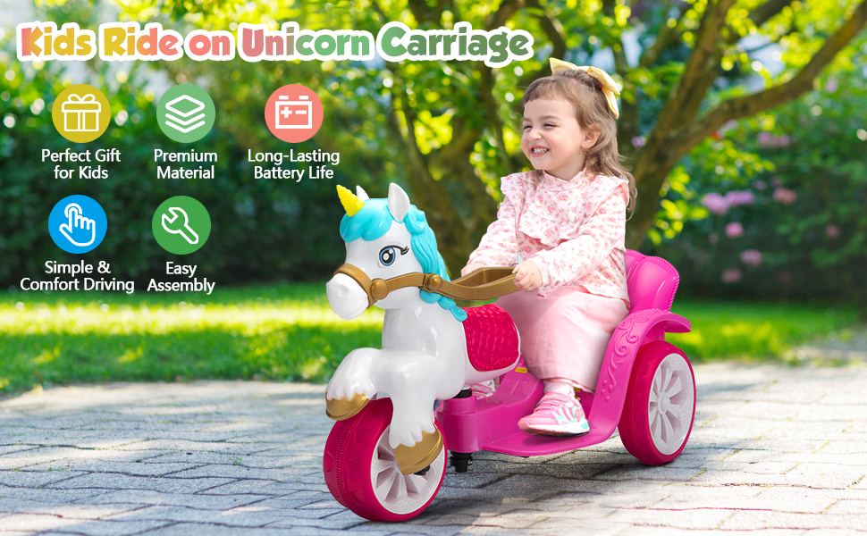 6V Kids Ride-on Unicorn Carriage Battery Powered Electric Princess Carriage with Music, Unicorn 1b