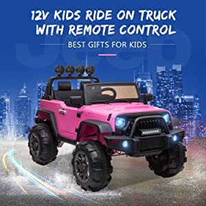 TOBBI 12V Kids Ride On Car Truck with Remote Control 3 Speeds, Pink 1d 1