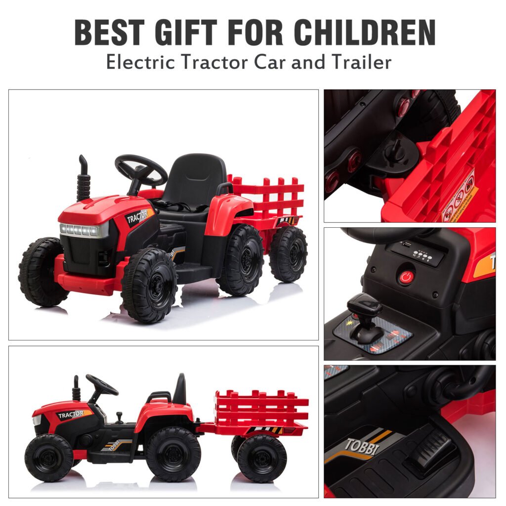 Tobbi 12V Kids Power Wheels Tractor Ride On Toy with Trailer Red 2 10 1