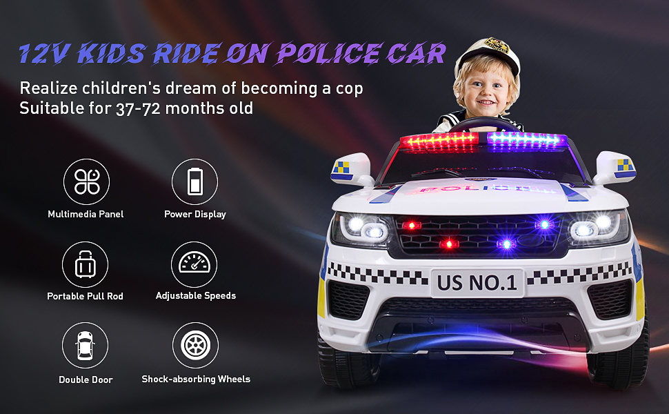 Tobbi 12V Electric Kids Ride On Toy Car, Battery Powered Police Car for Toddlers With Remote, Bluetooth, White TH17B0464AWangHaiNing970X6002