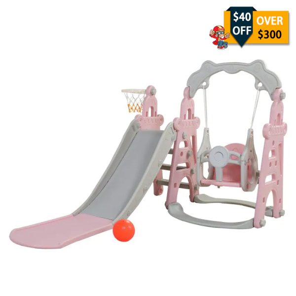 Nyeekoy 4-In-1 Toddler Extra-Long Slide and Swing Outdoor Playset, Kids Indoor Playground Baby Climber Slide Toy with Basketball Hoop, Pink+Gray TH17G0755