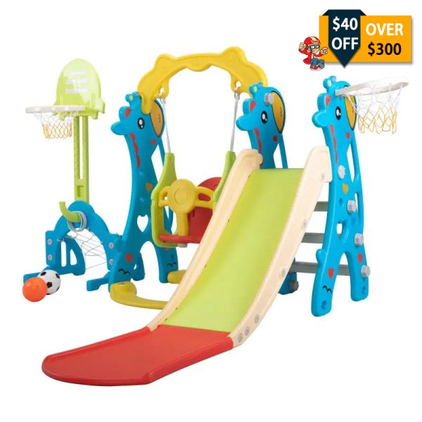 Nyeekoy 5 In 1 Toddler Swing and Slide Set, Toddler Outdoor Playset with Basketball Hoops, Football Gate, Kids Indoor Playground, Blue+Yellow TH17G0845