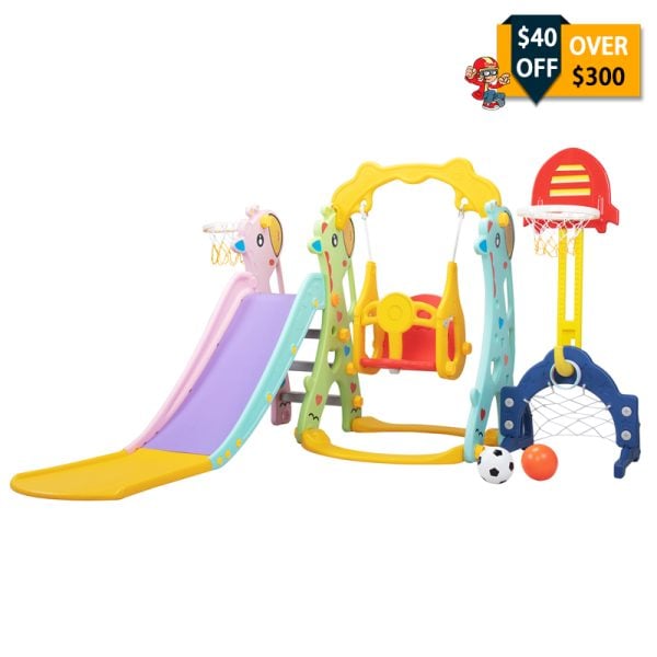 Nyeekoy 5 In 1 Toddler Swing and Slide Set, Toddler Outdoor Playset with Basketball Hoops, Football Gate, Kids Indoor Playground, Red+Yellow TH17K0757