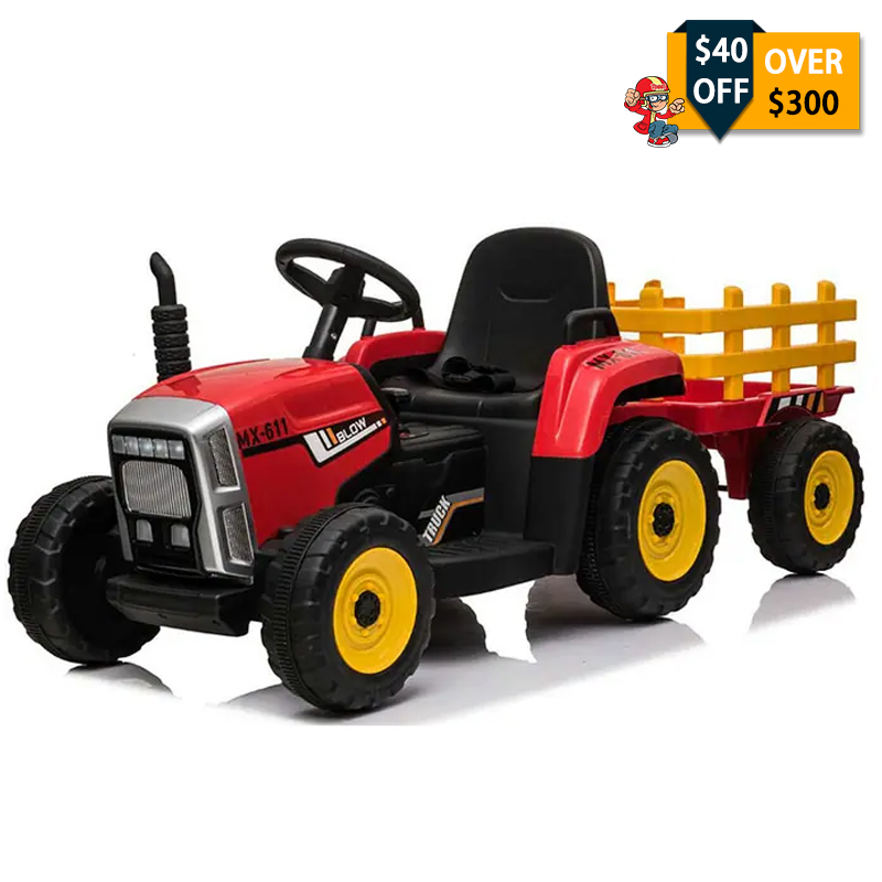 Tobbi 12V Kids Electric Car Battery Powered Tractor Ride On Toy with Trailer, Red TH17N0490