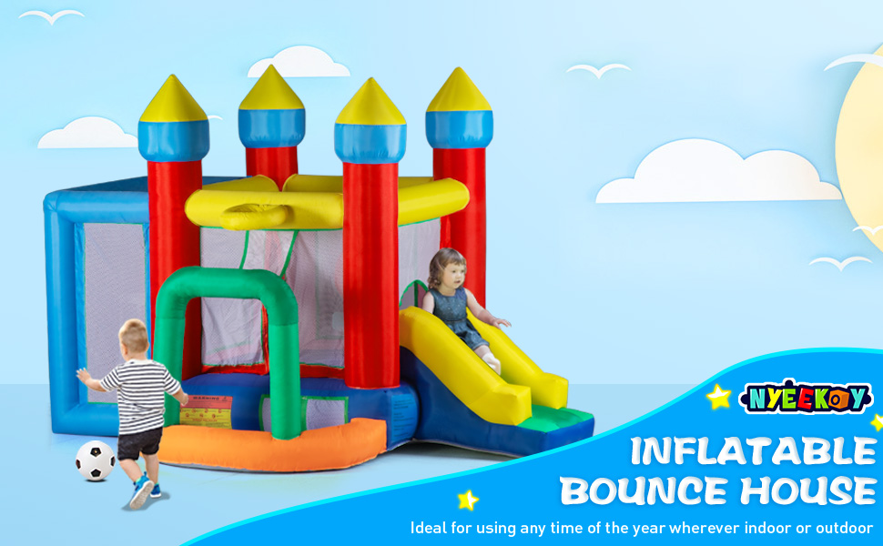 Nyeekoy Inflatable Bounce House Castle Bouncer w/ Long Slide, Jumping Area, Basketball Rim, Soccer Gate,Target Shooting, Ball Playing Area, Including Carry Bag, Repair Kit, Stakes TH17H0882A970X6001