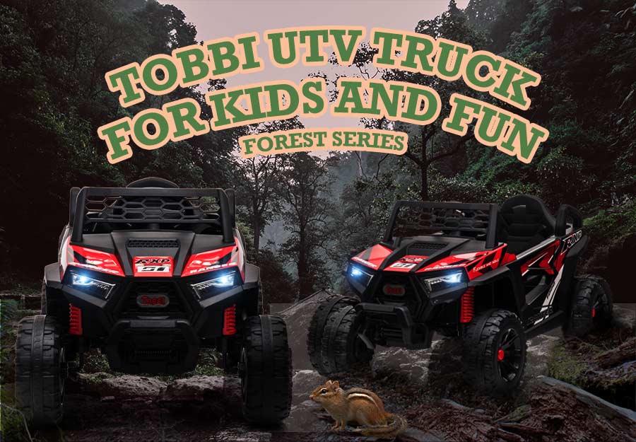 Tobbi 12V Kids Ride on Car Toy Electric Off-Road UTV Truck Battery Powered w/Horn, Music, for Kids Aged 3-5, Black Red, Squirrel-Chipmunk 营销页面移动端切片 01