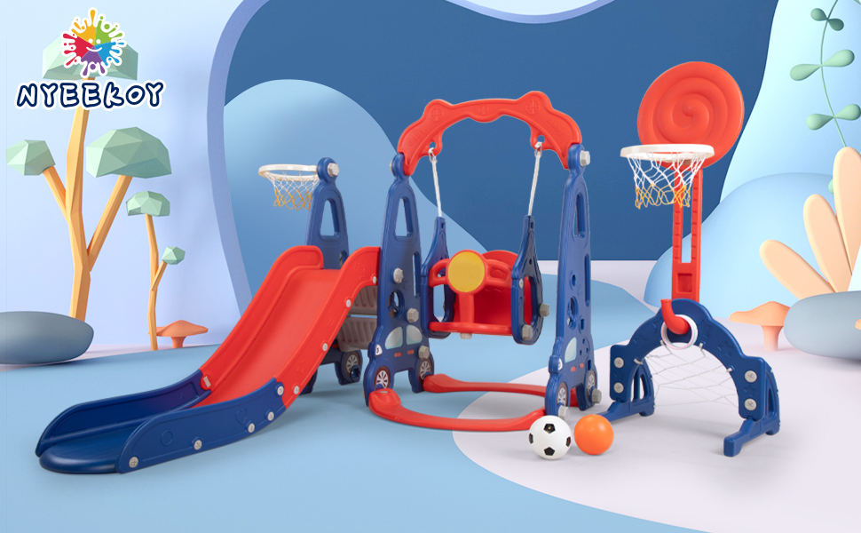 Nyeekoy 5 in 1 Toddler Slide and Swing Set, Kids Play Climber Slide Playset with Football Gate, Basketball Hoops, Indoor Outdoor Playground Toy for children 1-8 Years Old, Red+Blue TH17Y0858AKira970X6001