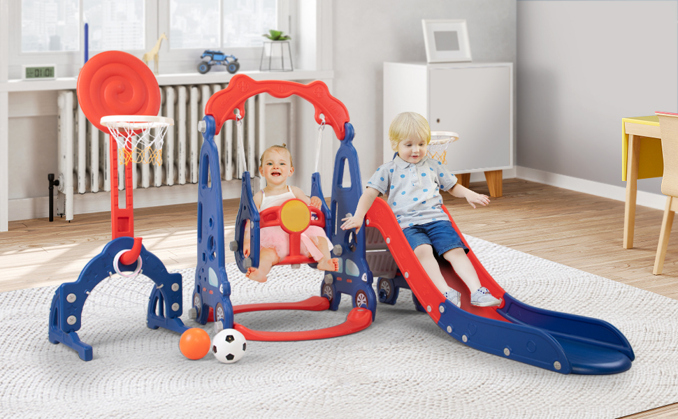 Nyeekoy 5 in 1 Toddler Slide and Swing Set, Toddler Outdoor Playset with Football Gate, Basketball Hoops, Kids Indoor Playground Toy, Red+Blue TH17Y0858AKira970X6009