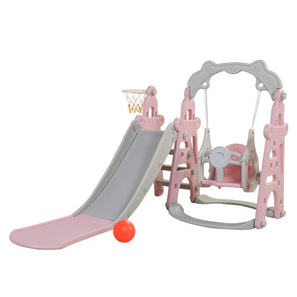 Nyeekoy 4-In-1 Toddler Extra-Long Slide and Swing Set Play Ground for Kids, Climber Slide Toy w/ Basketball Hoop, Indoor and Outdoor, Pink+Gray TH17G0755 1