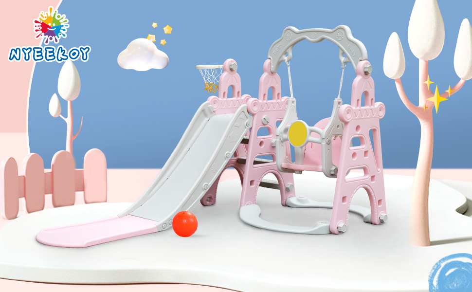 Nyeekoy 4-In-1 Toddler Extra-Long Slide and Swing Set Play Ground for Kids, Climber Slide Toy w/ Basketball Hoop, Indoor and Outdoor, Pink+Gray TH17G0755AKira970X6001