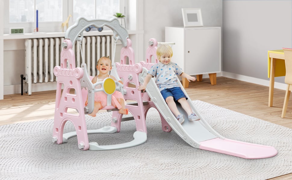 Nyeekoy 4-In-1 Toddler Extra-Long Slide and Swing Set Play Ground for Kids, Climber Slide Toy w/ Basketball Hoop, Indoor and Outdoor, Pink+Gray TH17G0755AKira970X6009