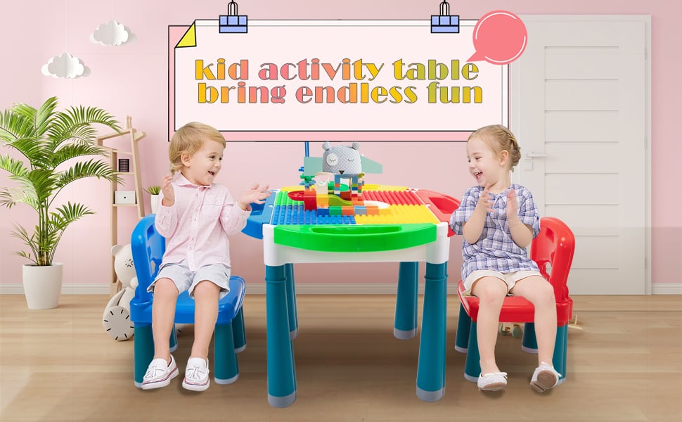 Nyeekoy 6-In-1 Kids Multi Activity Plastic Table and Chair Set, Play Block Table with 71 PCS Compatible Big Building Bricks Toy for Toddlers, Multi-Color 1 2