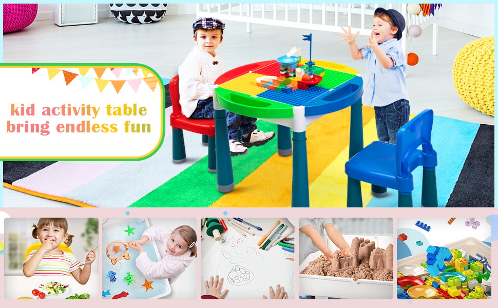Nyeekoy 6-In-1 Kids Multi Activity Plastic Table and Chair Set, Play Block Table with 71 PCS Compatible Big Building Bricks Toy for Toddlers, Multi-Color 2 1