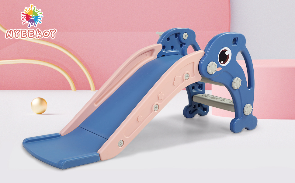 Nyeekoy 3 In 1 Toddler Slide, Kid’s Climbing Sliding Fun Toy w/ Basketball Hoop and Ball, Indoor and Outdoor, Blue TH17B0752A Kira970X6001