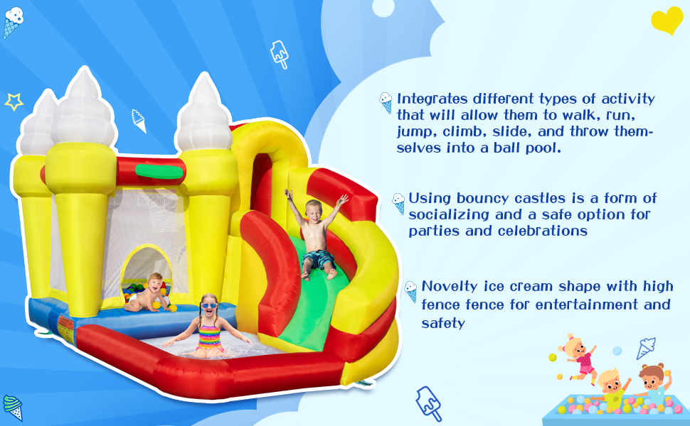 Nyeekoy Inflatable Bounce House Ice-cream Jumping Castle with Slide, Indoor Outdoor Activity Center for Children