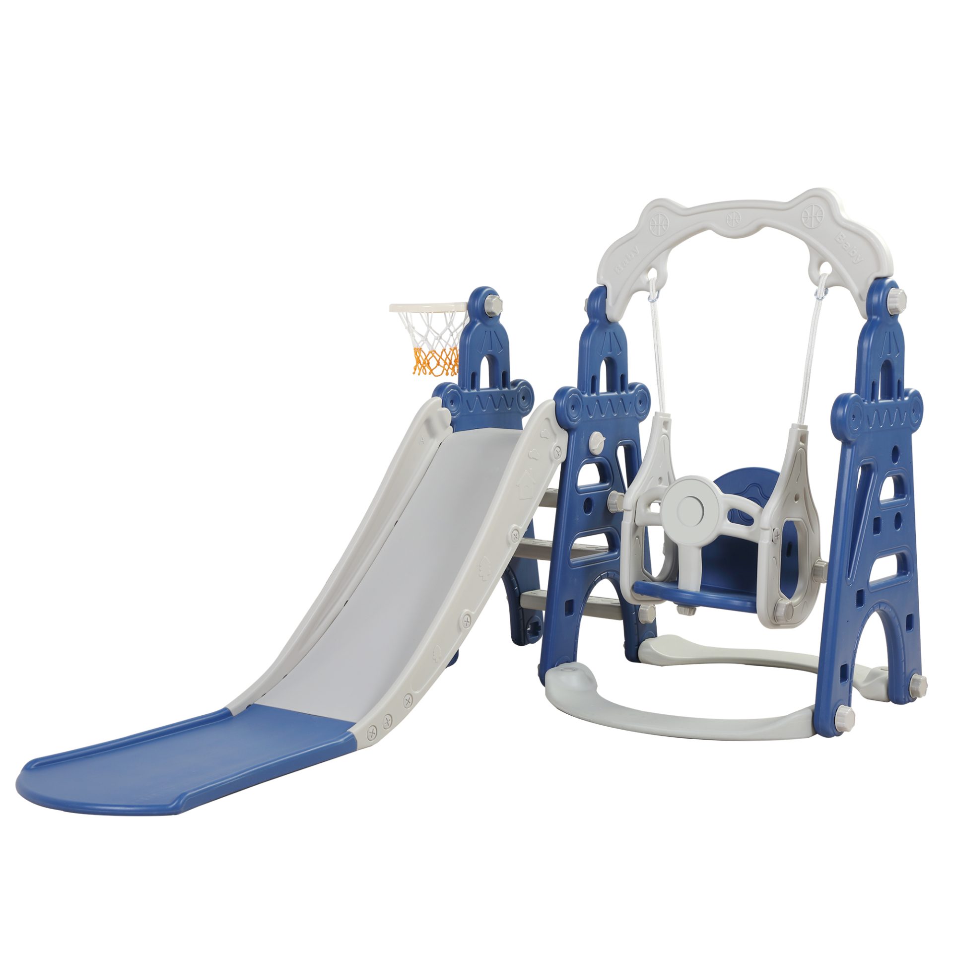 Nyeekoy 4-In-1 Toddler Extra-Long Slide and Swing Set Play Ground for Kids, Climber Slide Toy w/ Basketball Hoop, Indoor and Outdoor, Blue+Gray TH17H07566