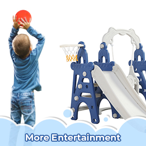 Nyeekoy 4-In-1 Toddler Extra-Long Slide and Swing Set Play Ground for Kids, Climber Slide Toy w/ Basketball Hoop, Indoor and Outdoor, Blue+Gray TH17H0756AKira300X3006