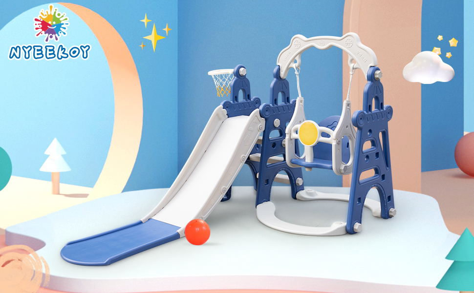 Nyeekoy 4-In-1 Toddler Extra-Long Slide and Swing Set Play Ground for Kids, Climber Slide Toy w/ Basketball Hoop, Indoor and Outdoor, Blue+Gray TH17H0756AKira970X6001