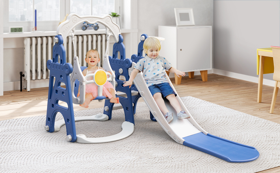 Nyeekoy 4-In-1 Toddler Extra-Long Slide and Swing Set Play Ground for Kids, Climber Slide Toy w/ Basketball Hoop, Indoor and Outdoor, Blue+Gray TH17H0756AKira970X6009