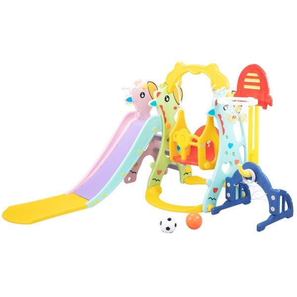 Nyeekoy 5 In 1 Toddler Slide and Swing Play Set Baby’s Activity Center w/ Basketball & Rim, Football & Goalmouth, Indoor and Outdoor, Red + Yellow TH17K07574