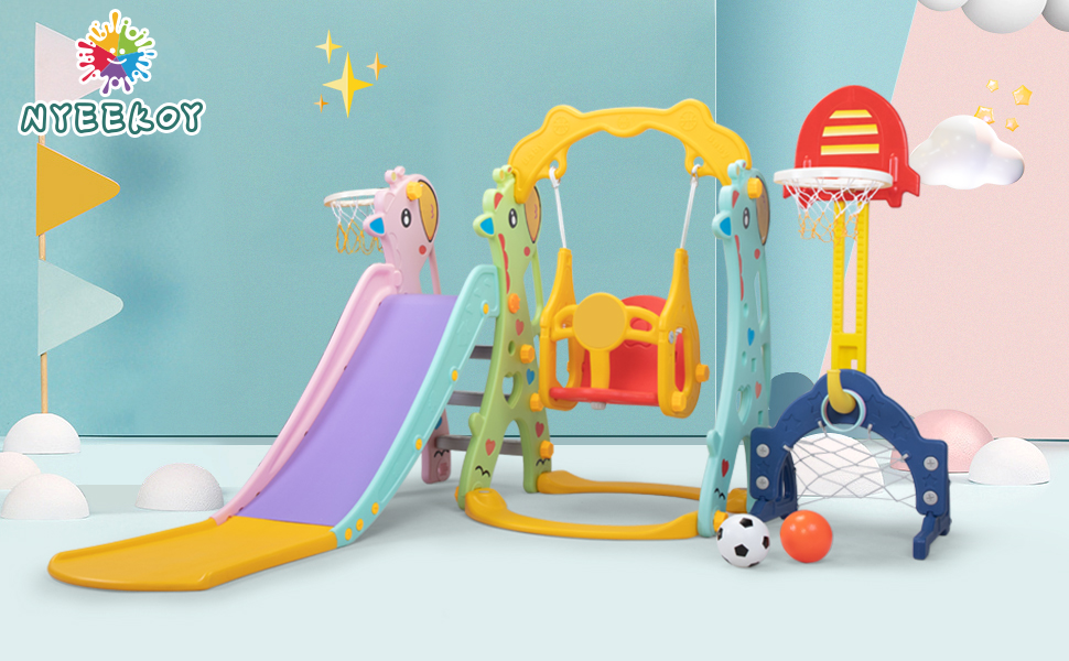 Nyeekoy 5 In 1 Toddler Slide and Swing Play Set Baby’s Activity Center w/ Basketball & Rim, Football & Goalmouth, Indoor and Outdoor, Red + Yellow TH17K0757AKira970X6001