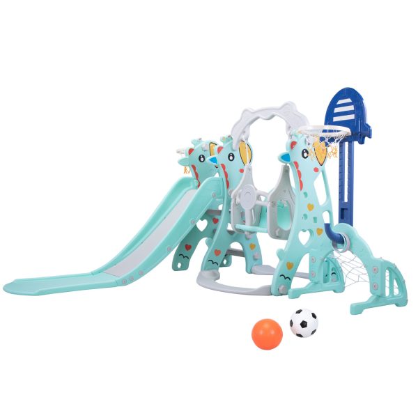Nyeekoy 5 In 1 Toddler Slide and Swing Play Set Baby’s Activity Center w/ Basketball & Rim, Football & Goalmouth, Indoor and Outdoor, Green+Gray TH17L07581