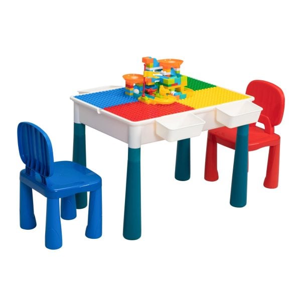 Nyeekoy Kids Activity Table and Chair Set w/ Large Size Blocks, 2 Chairs, Writing Table, Sand Table, for Kids Over 3 Years Old, Red+Blue TH17M0705 7