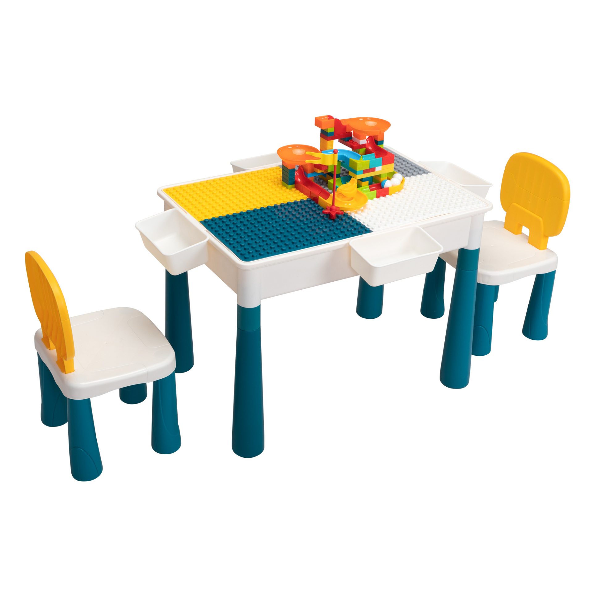 Nyeekoy Kids Activity Table and Chair Set w/ Large Size Blocks, 2 Chairs, Writing Table, Sand Table, for Kids Over 3 Years Old, Gray+Green TH17N0706 2