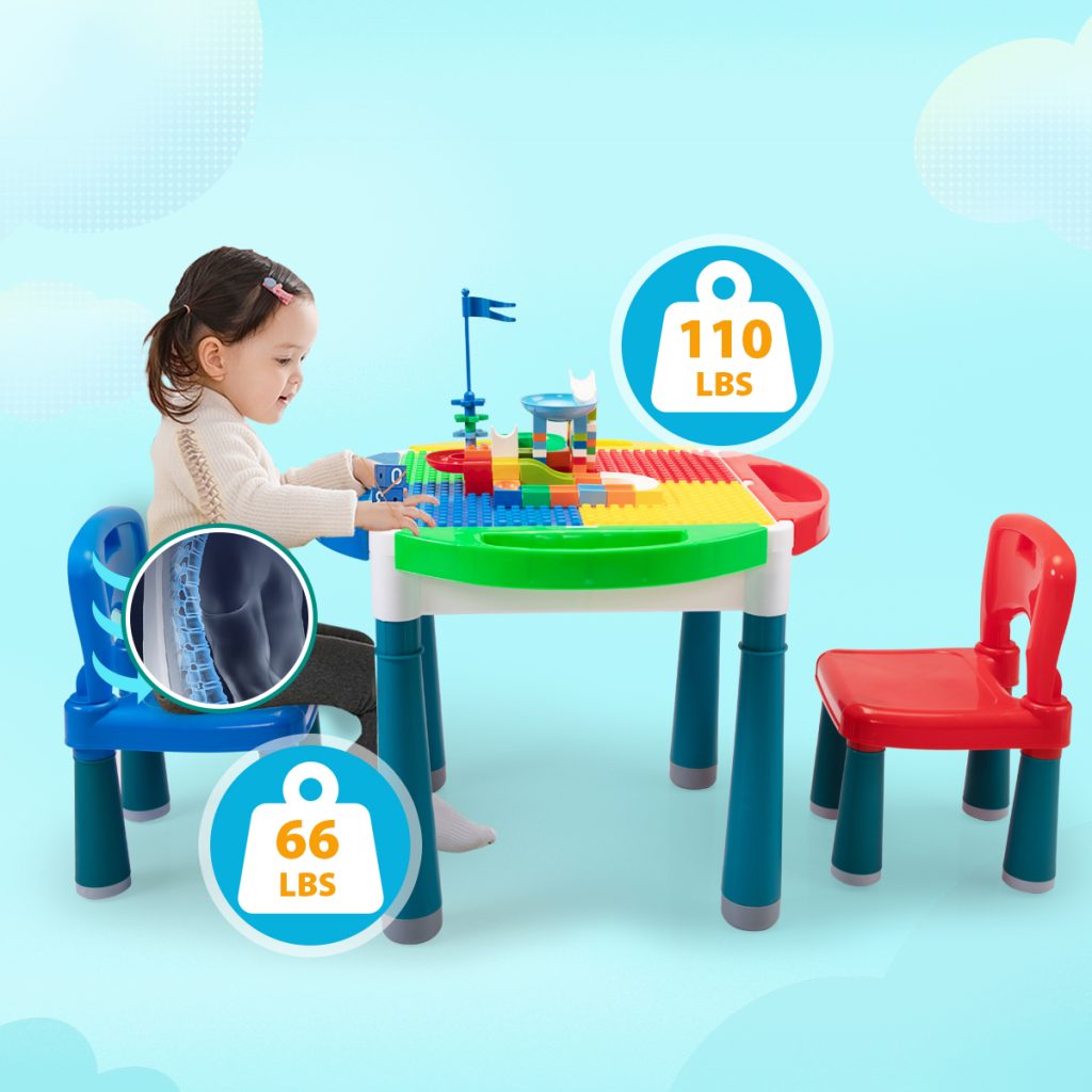 Nyeekoy 6-In-1 Kids Multi Activity Plastic Table and Chair Set, Play Block Table with 71 PCS Compatible Big Building Bricks Toy for Toddlers, Multi-Color TH17N0832aKelsey1200x1200