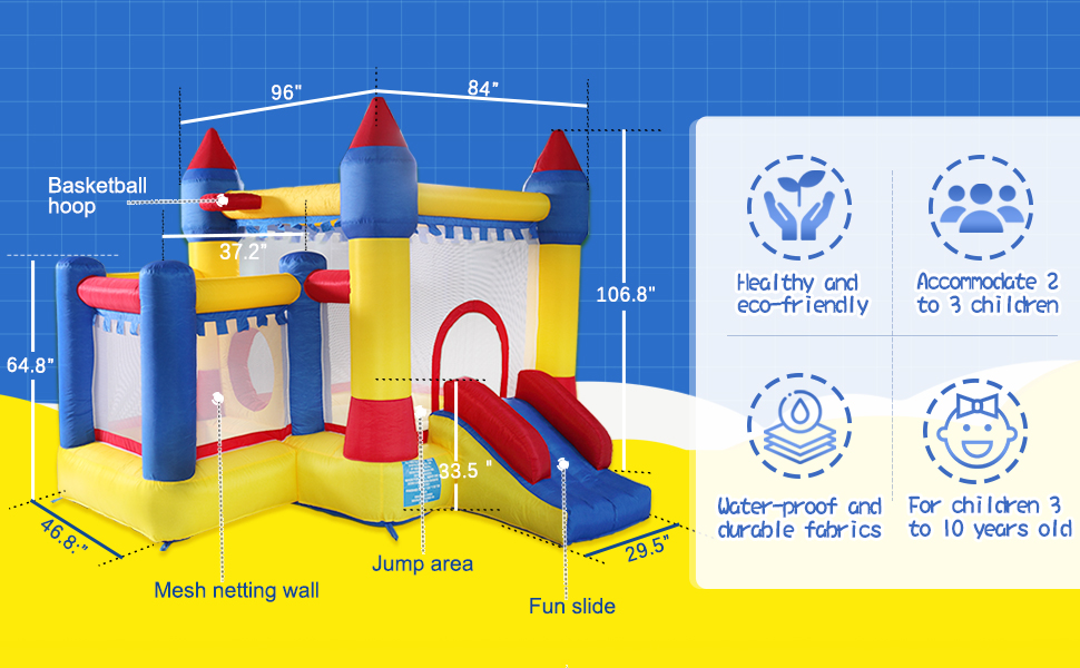 Nyeekoy Inflatable Bounce House, Kid Jump and Slide Castle Bouncer with Trampoline, Mesh Wall and Shooting Area, for Children 3-10 (Without Blower)