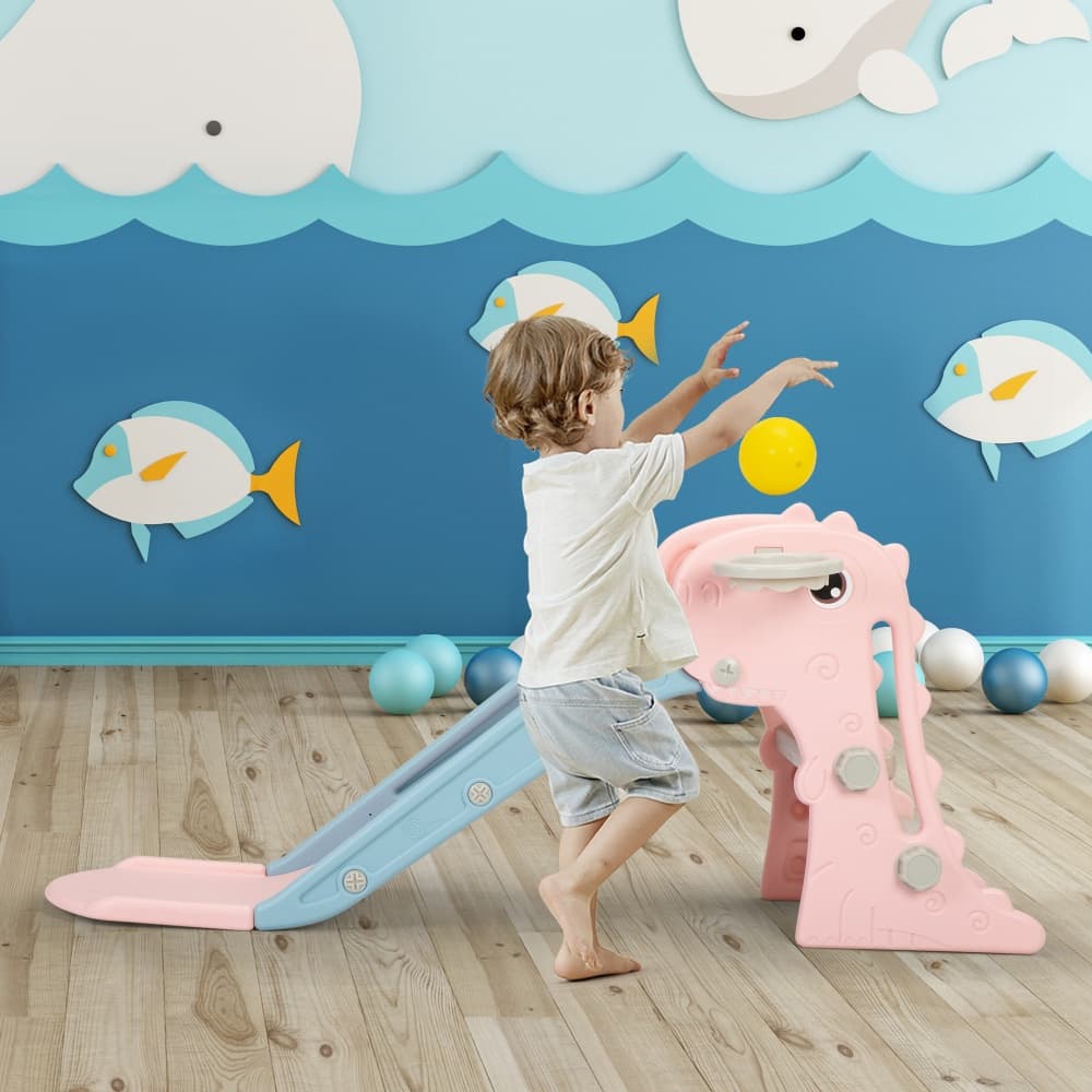 TOBBI & NYEEKOY 3-in-1 Dinosaur Slide Set, Indoor & Outdoor Toddler Slide with Basketball Hoop and Ball