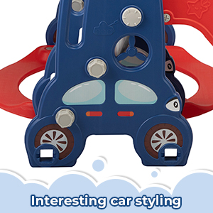Nyeekoy 4 In 1 Kid’s Cartoon Car Slide and Swing Play-Set Toddler Fun Toy w/ Ball, Rim, Net, Red+Blue TH17Y0822AKira300X3007