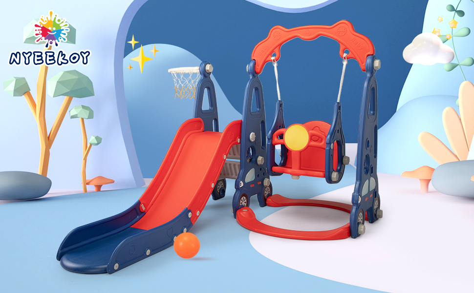 Nyeekoy 4 In 1 Kid’s Cartoon Car Slide and Swing Play-Set Toddler Fun Toy w/ Ball, Rim, Net, Red+Blue TH17Y0822AKira970X6001