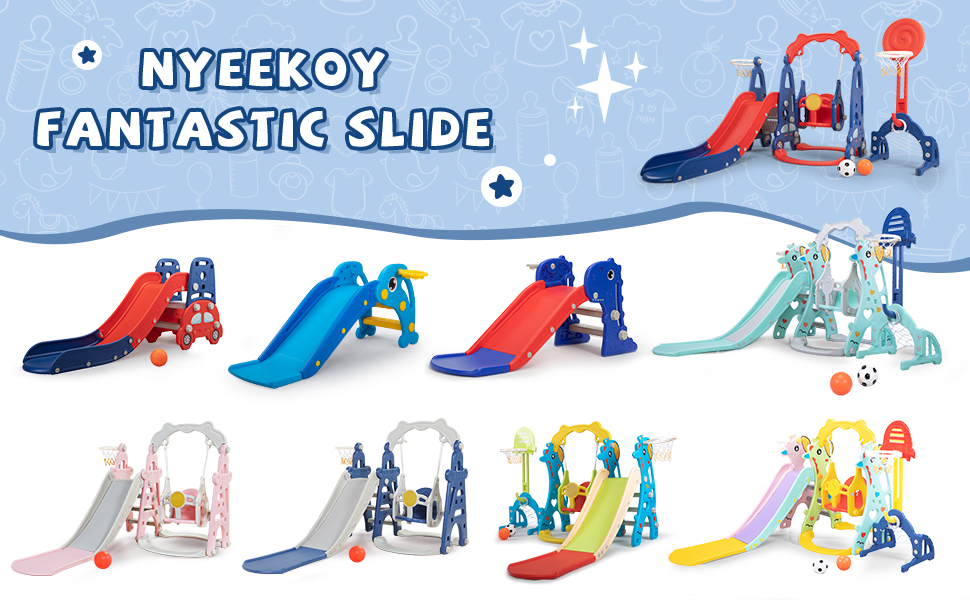 Nyeekoy 4 In 1 Kid’s Cartoon Car Slide and Swing Play-Set Toddler Fun Toy w/ Ball, Rim, Net, Red+Blue TH17Y0822AKira970X6002
