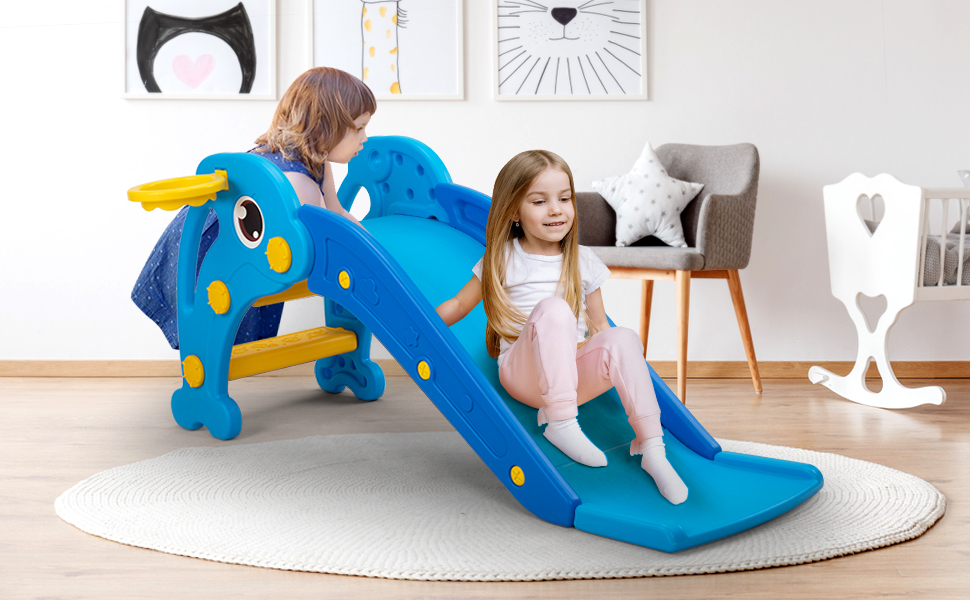 Nyeekoy 3 In 1 Toddler Slide, Kid’s Climbing Sliding Fun Toy w/ Basketball Hoop and Ball, Indoor and Outdoor, Sky Blue TH17Y0840A Kira970X6003