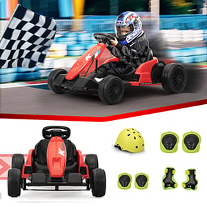 Tobbi 24V Electric Kids Go Kart, Battery Powered Drift Racing Ride On Toy Car with Protective Suits, Horn, MP3, Red+Black