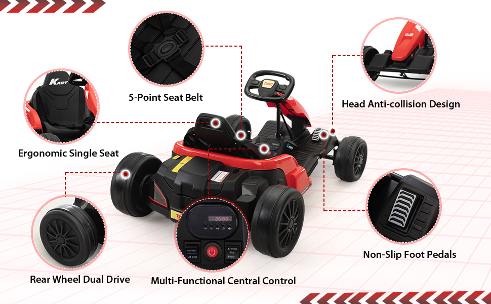 Tobbi 24V Electric Kids Go Kart, Battery Powered Drift Racing Ride On Toy Car with Protective Suits, Horn, MP3, Red+Black TH17E0987A970X6002
