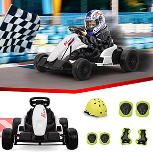 Tobbi 24V Electric Kids Go Kart, Battery Powered Drift Racing Ride On Toy Car with Protective Suits, Horn, MP3, White+Black TH17M0993A300X3005 1