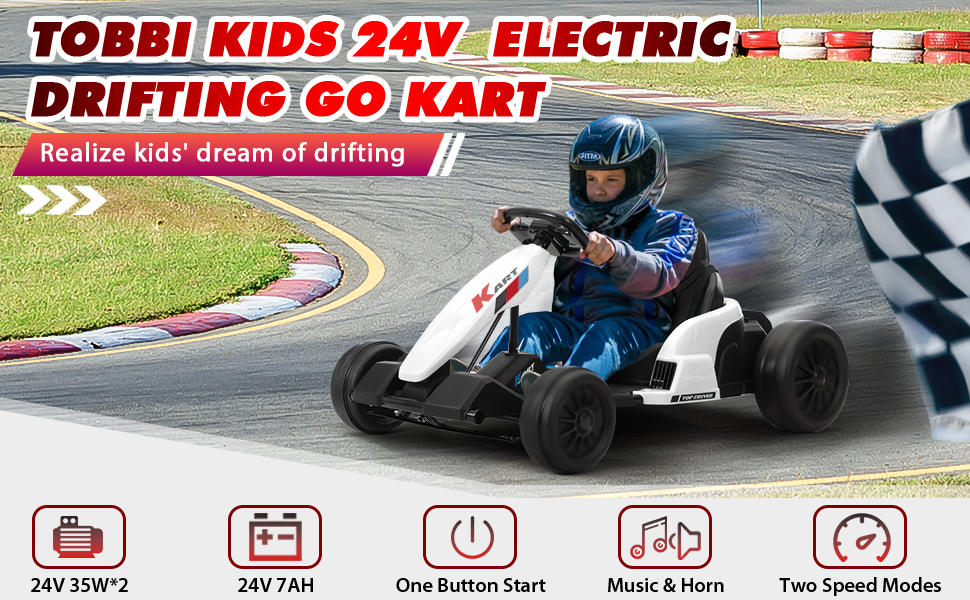 Tobbi 24V Electric Kids Go Kart, Battery Powered Drift Racing Ride On Toy Car with Protective Suits, Horn, MP3, White+Black TH17M0993A970X6001