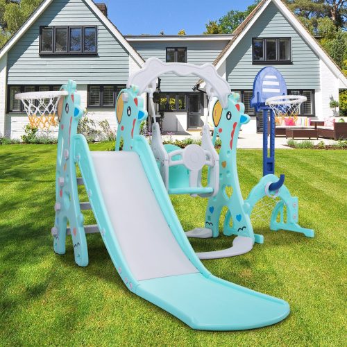 Nyeekoy 5 In 1 Toddler Swing and Slide Set, Toddler Outdoor Playset with Basketball Hoops, Football Gate, Kids Indoor Playground, Green+Gray photo review