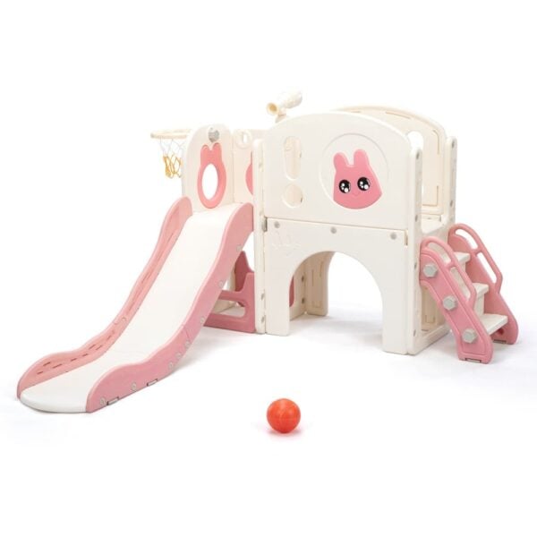 TOBBI & NYEEKOY 8-in-1 Indoor Outdoor Slide Set, Medium Rabbit-Themed Toddler Climber Playset