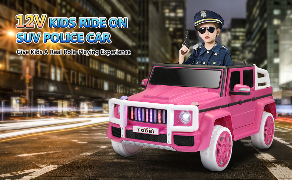12V Kids Ride On Police Car with Remote Control, Siren Sounds Alarming Lights, Megaphone, Pink 2b