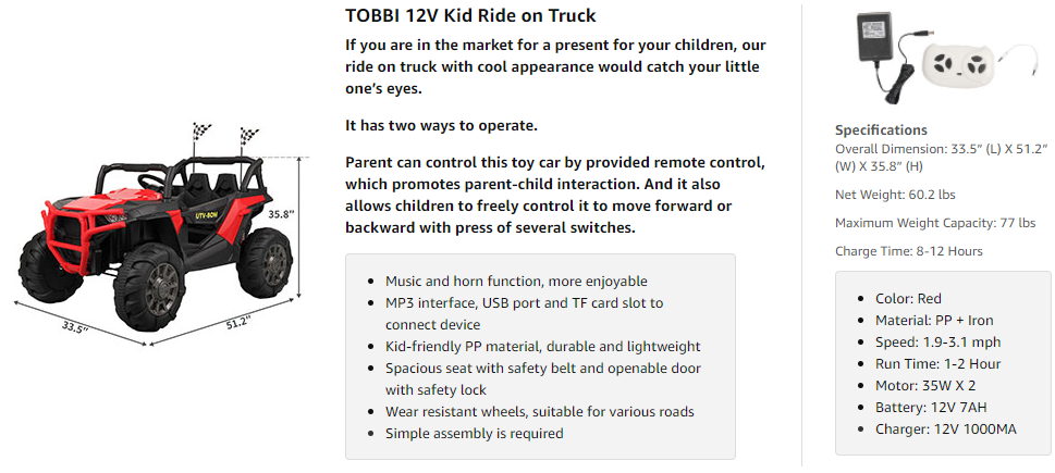Tobbi 12V Toy Truck Battery Operated Ride-on for Toddlers 3 20
