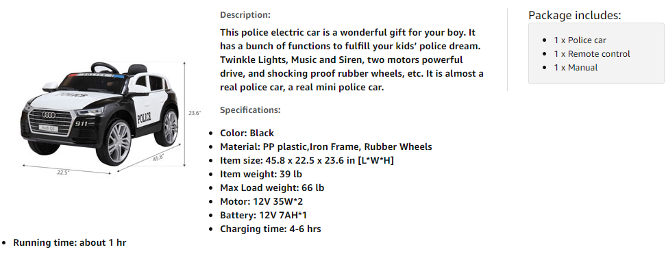 Tobbi 12V Audi Q5 Police Car Toy For Kids With Remote Control, Black 3 24