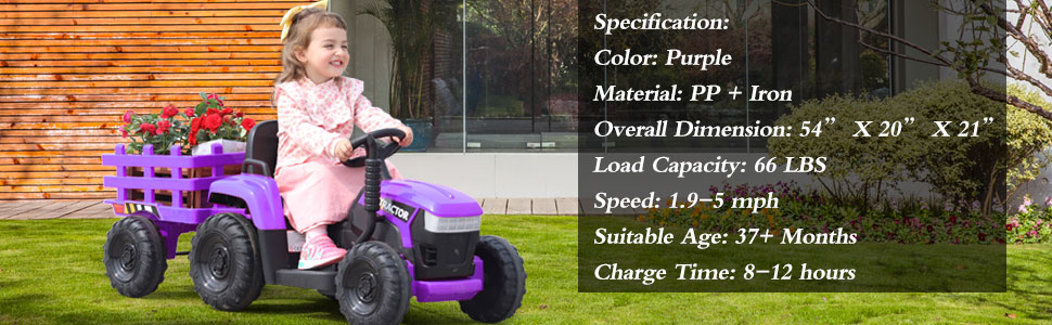 Tobbi 12V Battery-Powered Electric Tractor Kids Ride on Toy Gift, Purple 4 51