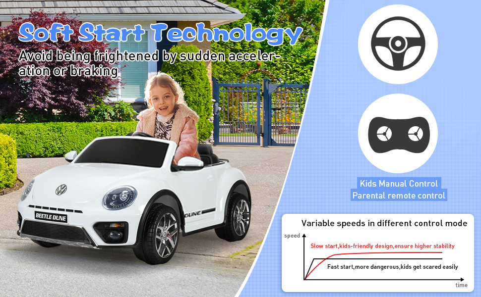 12V Licensed Volkswagen Beetle Dune Electric Cars for Kids with Remote Control, White 4e 1